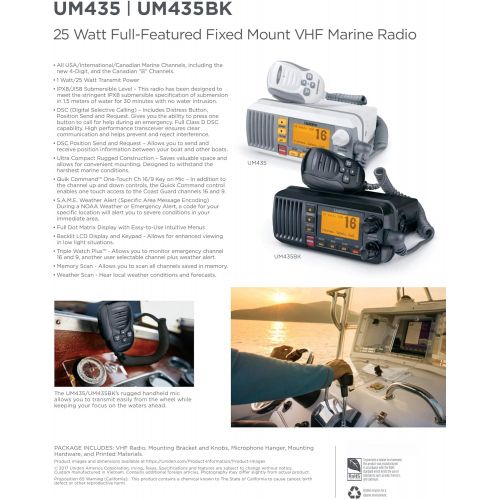  [아마존베스트]Uniden UM435 Advanced Fixed Mount VHF Marine Radio, All USA/International/Canadian Marine Channels Including New 4-Digit, CDN “B” Channels, 1 Watt/25 Watt Power, Waterproof IPX8 Su
