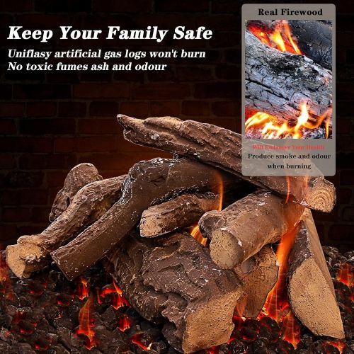  Uniflasy 10 Pcs Gas Fireplace Log Set, Ceramic Wood Fake Log for Firebowl, Propane & Natual Gas, Gas Inserts, Fireplaces, Fire Pits, Ventless, Electric Outdoor & Indoor Fireplace D