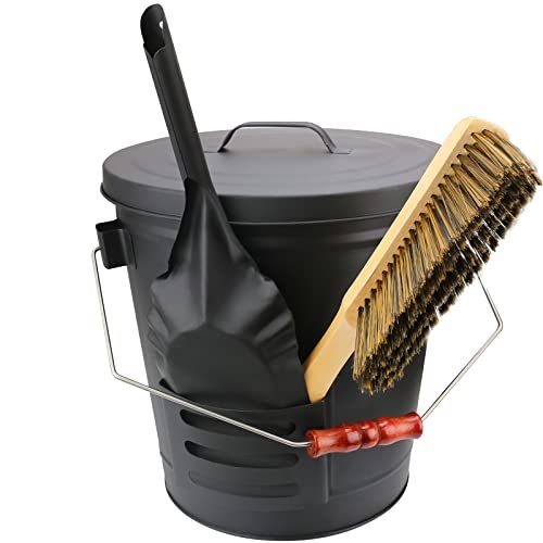  Uniflasy Ash Bucket with Lid, Shovel and Hand Broom, 5.2 Gallon Metal Coal Ash Bucket for Fireplace, Fire Pits, Wood Burning Stove, Ash Can with Lid Fireplace Wood Stove Ash Firepl