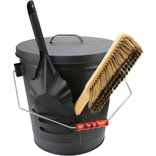  Uniflasy Ash Bucket with Lid, Shovel and Hand Broom, 5.2 Gallon Metal Coal Ash Bucket for Fireplace, Fire Pits, Wood Burning Stove, Ash Can with Lid Fireplace Wood Stove Ash Firepl