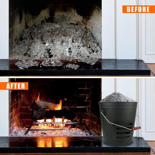  Uniflasy Ash Bucket with Lid, Shovel and Hand Broom, 5.2 Gallon Metal Coal Ash Bucket for Fireplace, Fire Pits, Wood Burning Stove, Ash Can with Lid Fireplace Wood Stove Ash Firepl