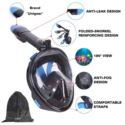  Unigear Tauchmaske, Faltbare Schnorchelmaske Tauchermaske Vollgesichtsmaske, mit Kamerahaltung, Anti-Fog Anti-Leck, fuer Erwachsene und Kinder MEHRWEG