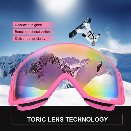  [아마존핫딜][아마존 핫딜] Unigear Skido X2 Ski Goggles, Toric Dual Lens Snowboard Snow Goggles for Kids, Men and Women - OTG & 100% UV Protection (Revo Pink Lens (VLT 45%), Kids)