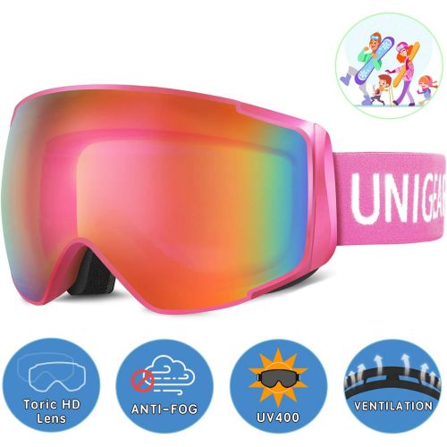  [아마존핫딜][아마존 핫딜] Unigear Skido X2 Ski Goggles, Toric Dual Lens Snowboard Snow Goggles for Kids, Men and Women - OTG & 100% UV Protection (Revo Pink Lens (VLT 45%), Kids)