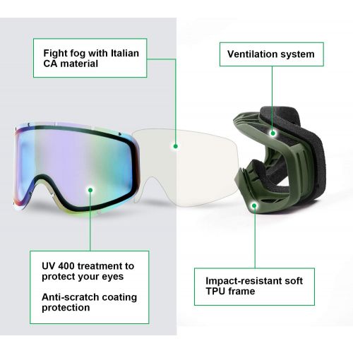  [아마존핫딜][아마존 핫딜] Unigear Skido X1 Ski Goggles, Snowboard Snow Goggles for Men, Women & Youth - Anti-Fog & 100% UV Protection (Revo Green Lens (VLT 52.5%))
