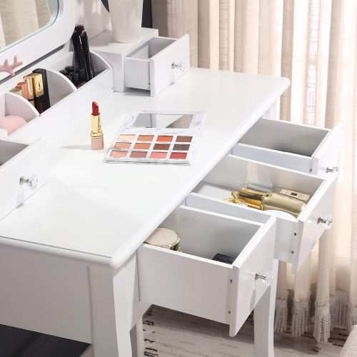  Unihome Makeup Vanity Set with Mirror, Cushioned Stool, 5 Drawers and Gift Makeup Organizer Dressing Table White (5 Drawers)