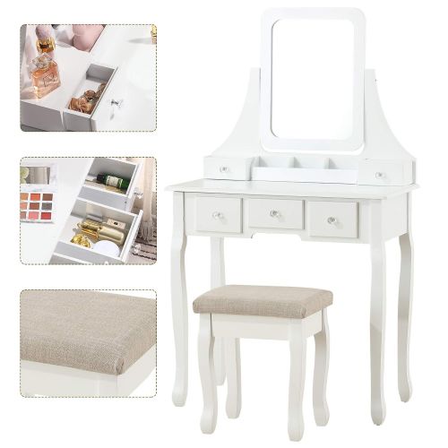  Unihome Makeup Vanity Set with Mirror, Cushioned Stool, 5 Drawers and Gift Makeup Organizer Dressing Table White (5 Drawers)