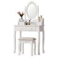 Unihome Makeup Vanity Table Set and Cushioned Stool with Oval Mirror, 4 Drawers Dressing Table White