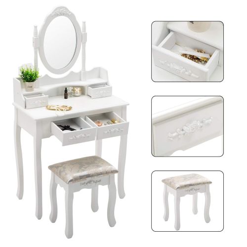  Unihome Makeup Vanity Table Set and Cushioned Stool with Oval Mirror, 4 Drawers Dressing Table White