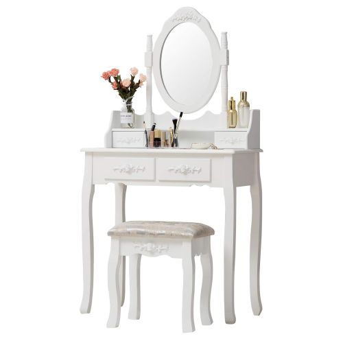  Unihome Makeup Vanity Table Set and Cushioned Stool with Oval Mirror, 4 Drawers Dressing Table White