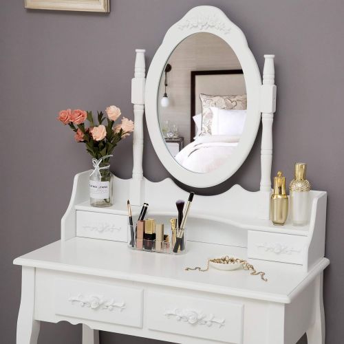  Unihome Makeup Vanity Table Set and Cushioned Stool with Oval Mirror, 4 Drawers Dressing Table White