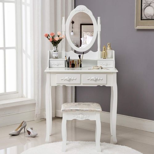  Unihome Makeup Vanity Table Set and Cushioned Stool with Oval Mirror, 4 Drawers Dressing Table White