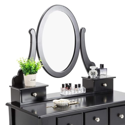 Unihome Makeup Vanity Table Set, Cushioned Stool and Gift Makeup Organizer with Oval Mirror, 5 Drawers Dressing Table Black