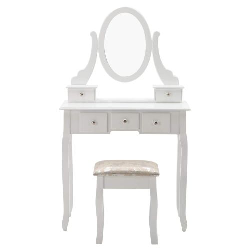  Unihome Furniture Makeup Vanity Table with Mirror, White Dressing Table and Stool, 5 Drawers Vanity Set for Bedroom White