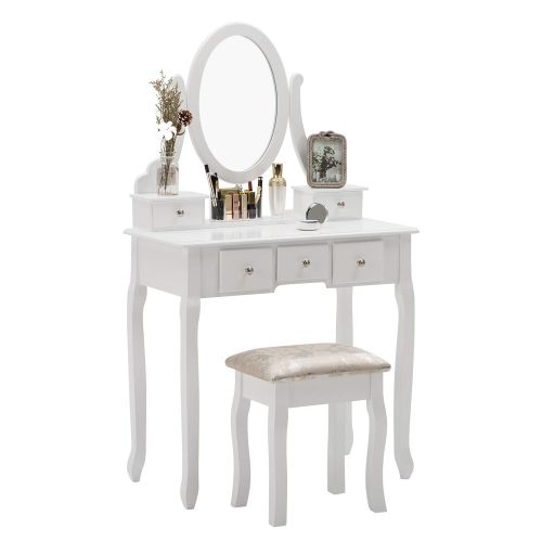  Unihome Furniture Makeup Vanity Table with Mirror, White Dressing Table and Stool, 5 Drawers Vanity Set for Bedroom White