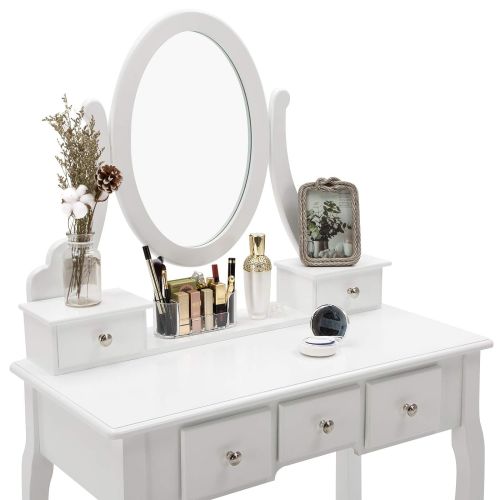  Unihome Furniture Makeup Vanity Table with Mirror, White Dressing Table and Stool, 5 Drawers Vanity Set for Bedroom White