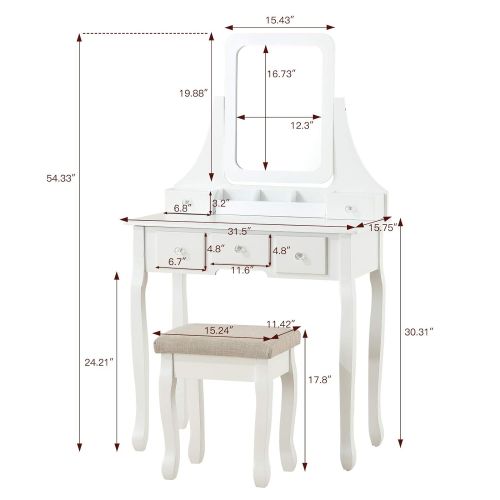  Unihome Makeup Vanity Set with Mirror, Cushioned Stool, 5 Drawers and Gift Makeup Organizer Dressing Table White (5 Drawers)