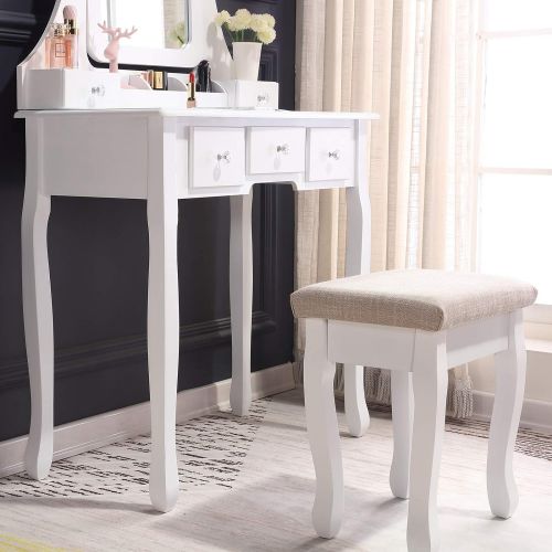  Unihome Makeup Vanity Set with Mirror, Cushioned Stool, 5 Drawers and Gift Makeup Organizer Dressing Table White (5 Drawers)