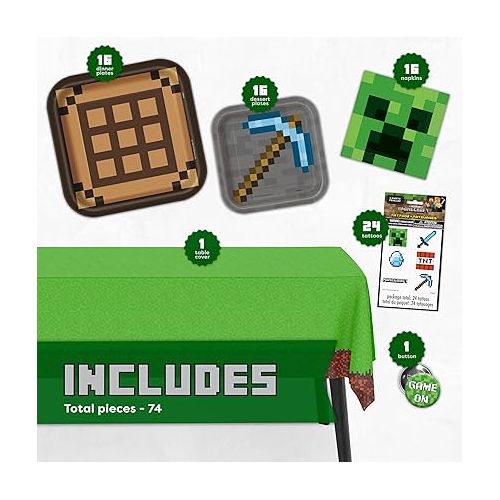  Minecraft Party Supplies, Minecraft Birthday Party Supplies for Boys or Girls - Serves 16 Guests - With Table Cover, Plates and More