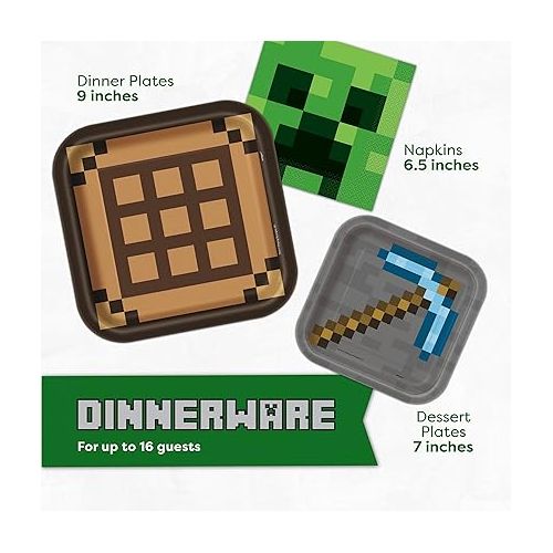  Minecraft Party Supplies, Minecraft Birthday Party Supplies for Boys or Girls - Serves 16 Guests - With Table Cover, Plates and More
