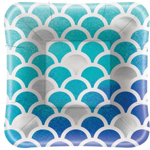  Unique Foil Ocean Blue Scallop Square Paper Appetizer Plates, 8ct