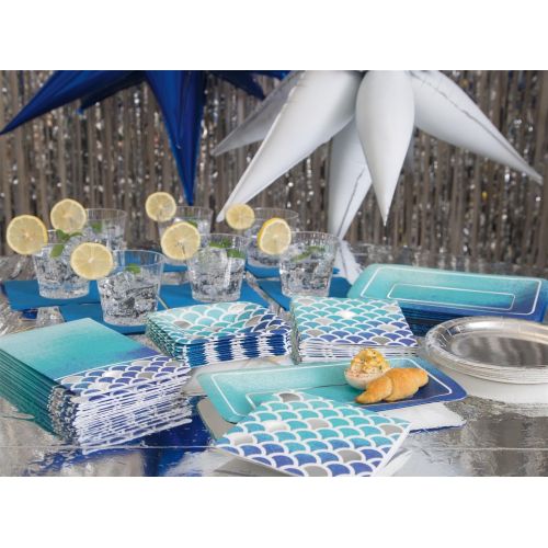  Unique Foil Ocean Blue Scallop Square Paper Appetizer Plates, 8ct