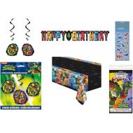 Unique TMNT Teenage Mutant Ninja Turtles Birthday Party Decoration Set includes 1 Happy Birthday Banner, 3 Hanging Swirl Decorations, 1 Table Cover