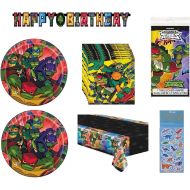 Unique Teenage Mutant Ninja Turtles TMNT Birthday Party Bundle Pack includes Dessert Cake Plates, Napkins, Table Cover, Happy Birthday Banner - Serves 16