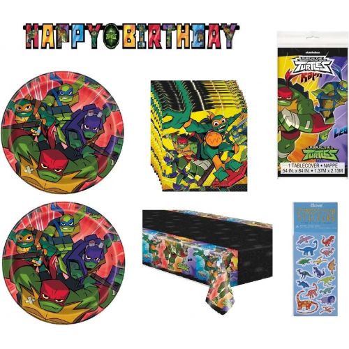  Unique Teenage Mutant Ninja Turtles TMNT Birthday Party Bundle Pack includes Dessert Cake Plates, Napkins, Table Cover, Happy Birthday Banner - Serves 16