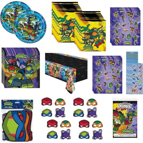  Unique TMNT Teenage Mutant Ninja Turtles Birthday Party Supplies Decoration Favors Bundle Includes Plates, Napkins, Table Cover, Loot Bags, Paper Masks, Stickers - Serves 16