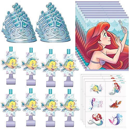  Unique The Little Mermaid Party Favor Bundle Tattoo Sheets, Party Hats, Blowouts, Loot Bags Kids Birthday, Underwater Themed Event, Halloween, Officially Licensed by Unique