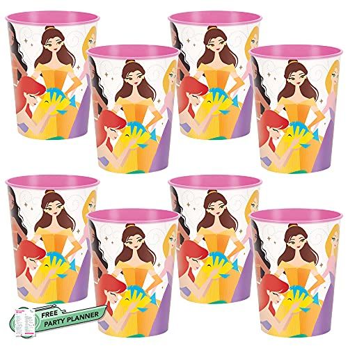  Unique 8 Count Princess Plastic Cups Holds 16 oz Halloween Parties, School, Disney Birthday, Girls Dressup, Kids Disposable Partyware