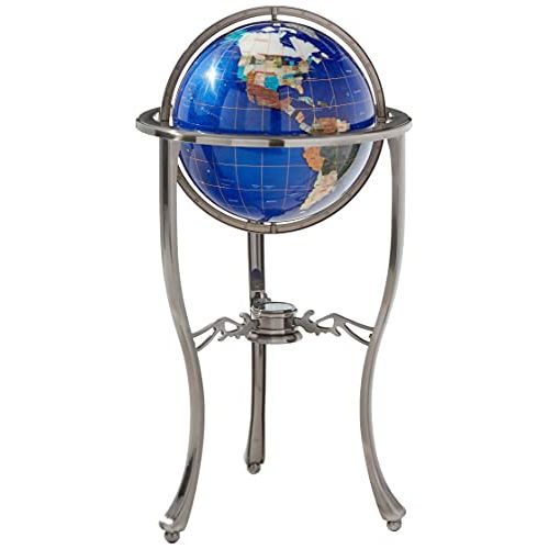  Unique Art Since 1996 Brand 37 Tall Bahama Blue Pearl Swirl Ocean Floor Standing Gemstone World Globe with Tripod Silver Stand and 50 US State Stones