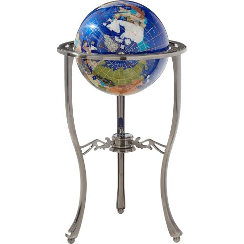  Unique Art Since 1996 Brand 37 Tall Bahama Blue Pearl Swirl Ocean Floor Standing Gemstone World Globe with Tripod Silver Stand and 50 US State Stones