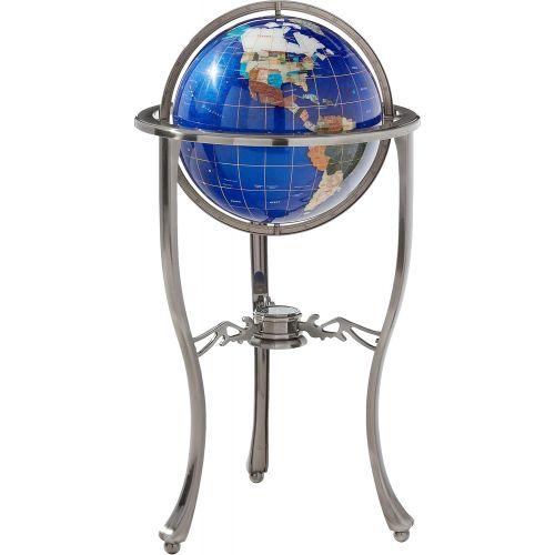  Unique Art Since 1996 Brand 37 Tall Bahama Blue Pearl Swirl Ocean Floor Standing Gemstone World Globe with Tripod Silver Stand and 50 US State Stones