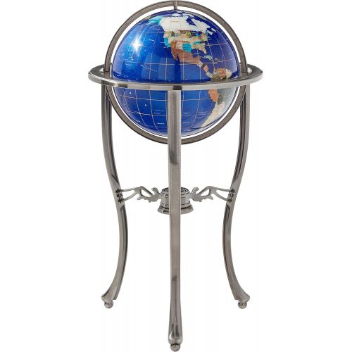  Unique Art Since 1996 Brand 37 Tall Bahama Blue Pearl Swirl Ocean Floor Standing Gemstone World Globe with Tripod Silver Stand and 50 US State Stones