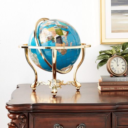  Unique Art Since 1996 Unique Art 21-Inch Tall Turquoise Blue Ocean Table Top Gemstone World Globe with Gold Tripod