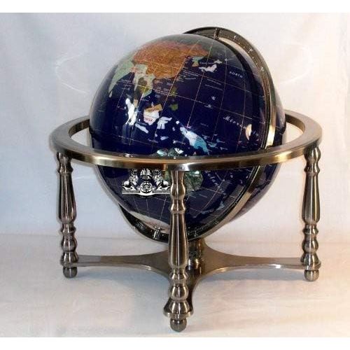  Unique Art Since 1996 21 Blue Lapis Ocean Gemstone Globe with 4-Leg Silver Stand