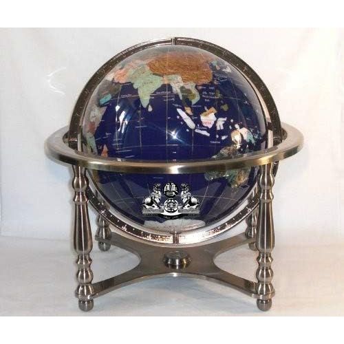  Unique Art Since 1996 21 Blue Lapis Ocean Gemstone Globe with 4-Leg Silver Stand