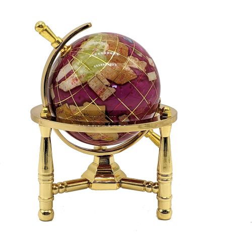  Unique Art Since 1996 Unique Art 6-Inch Tall Pink Rubilite Pearl Swirl Ocean Mini Table Top Gemstone World Globe with Gold Tripod