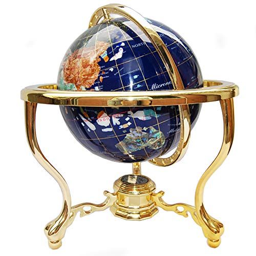  Unique Art Since 1996 14 Tall Blue Lapis Ocean Gemstone Globe with Tripod Gold Stand