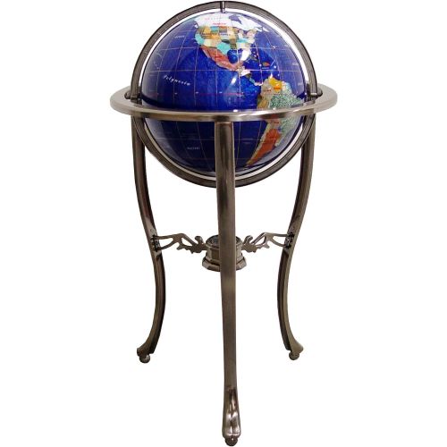  Unique Art Since 1996 Brand 37 Tall Bahama Blue Pearl Swirl Ocean Floor Standing Gemstone World Globe with Tripod Silver Stand and 50 US State Stones