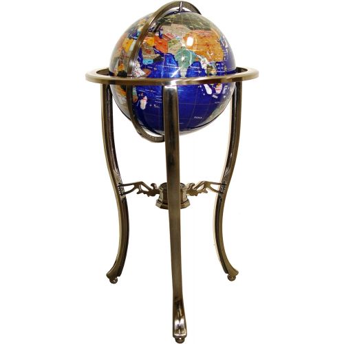  Unique Art Since 1996 Brand 37 Tall Bahama Blue Pearl Swirl Ocean Floor Standing Gemstone World Globe with Tripod Silver Stand and 50 US State Stones