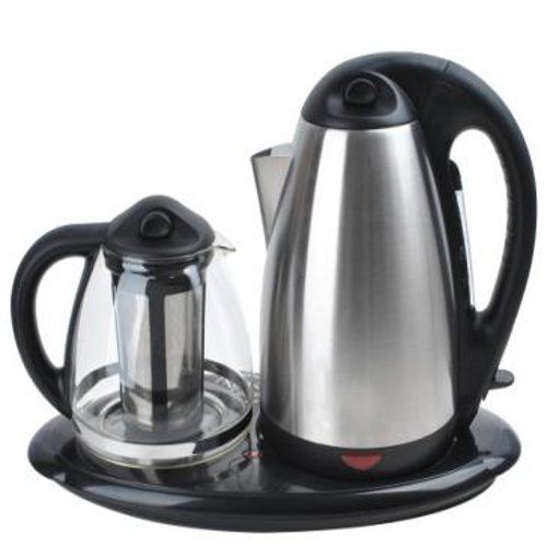  Unique Imports Royal Dual Electric Kettle and Tea Maker Set Stainless Steel & Glass & Keep Tea Warm Tray