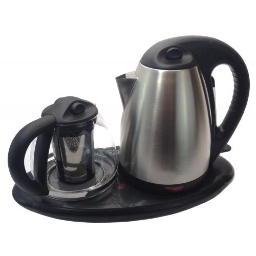  Unique Imports Royal Dual Electric Kettle and Tea Maker Set Stainless Steel & Glass & Keep Tea Warm Tray