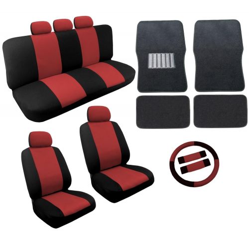  Unique Imports Dual Color Red/Black Two Tone Car Seat Covers Black Mats Set 18pc Racing Stripe For Chevy Cobalt