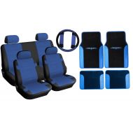 Unique Imports Two Tone PU Synthetic Leather Seat Covers & Floor Mats Auto Interior Complete Set 15pc Black & Blue Superior - 2 Front Bucket - Bench - Steering Wheel - Seat Belt Pads - 4pc Floor