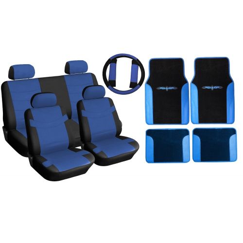  Unique Imports Two Tone PU Synthetic Leather Seat Covers & Floor Mats Auto Interior Complete Set 15pc Black & Blue Superior - 2 Front Bucket - Bench - Steering Wheel - Seat Belt Pads - 4pc Floor