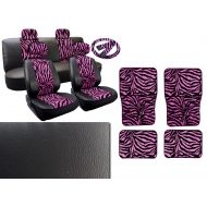 Unique Imports 17 Piece Zebra Stripes Print Deluxe Leatherette Full Car Seat Cover Set Premium Synthetic Leather Double Stitched - 4pc Faux Fur Floor Mats - Full Interior - Plus FREE Steering Whe