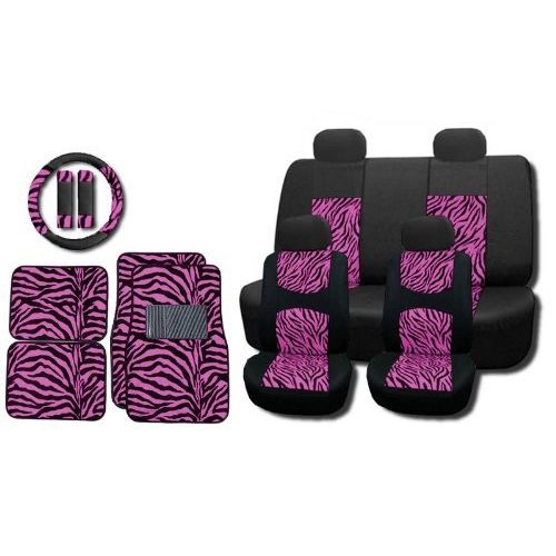  Unique Imports New and Exclusive Mesh Animal Print Interior Set Pink Zebra 15pc Seat Covers Front & Back Lowback, Back Bench, Steering Wheel & Seat Belt Covers - Floor Mats - Padded Comfort